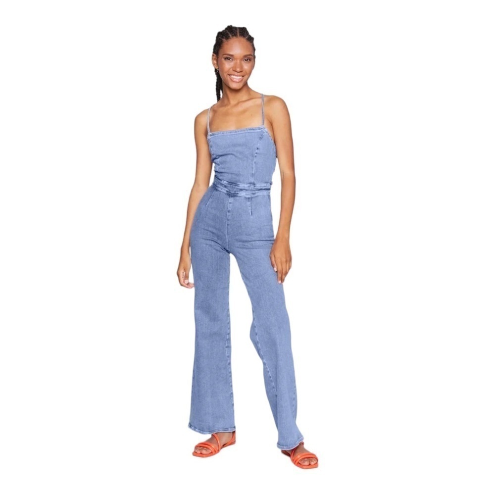 GOOD AMERICAN Vacay Denim Tie Back Flare Leg Jumpsuit NWT Size 0 - Picture 9 of 13